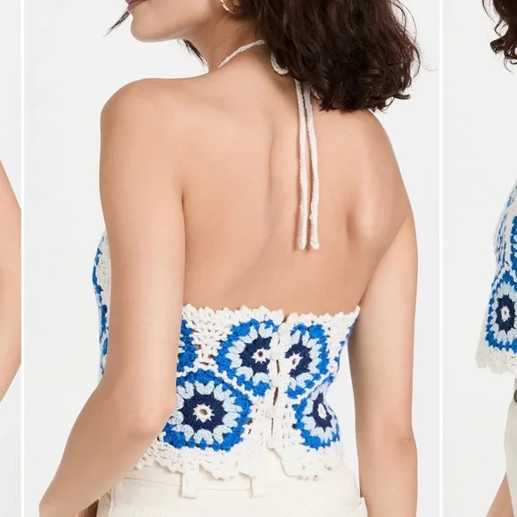 Sea NY Hayden Crochet Halter Top Blue White Size XS